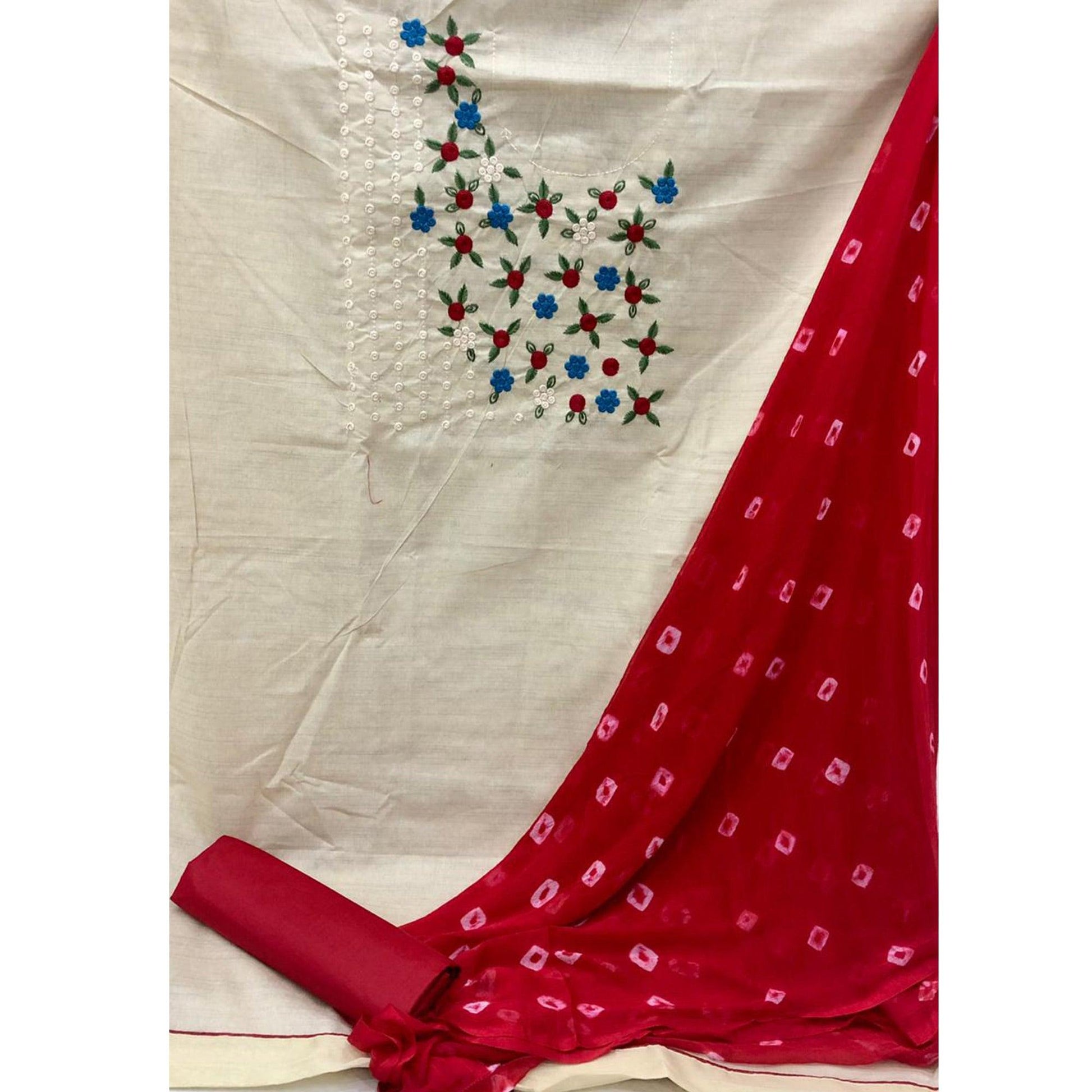 Marvellous Offwhite - Red Colored Casual Wear Embroidered Cotton Dress Material