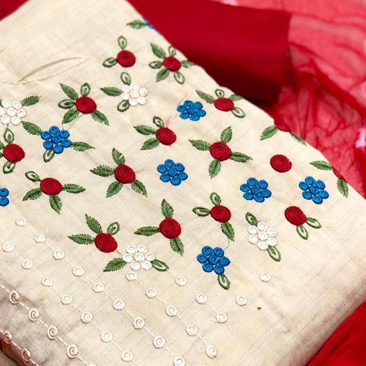 Marvellous Offwhite - Red Colored Casual Wear Embroidered Cotton Dress Material