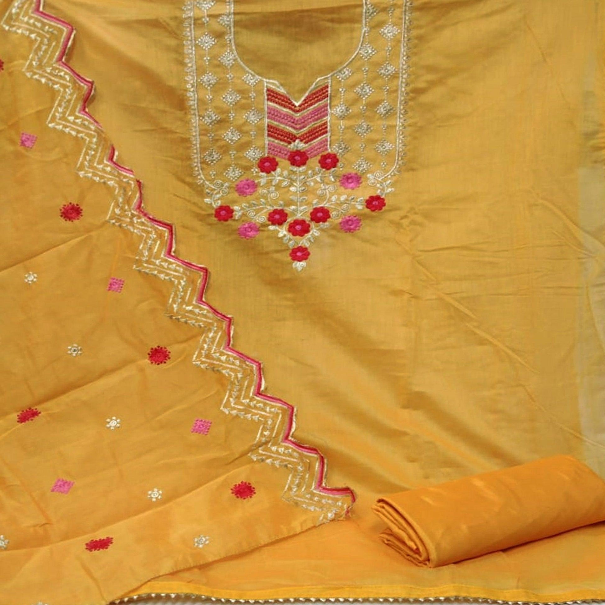 Marvellous Orange Colored Casual Wear Embroidered Chanderi Dress Material
