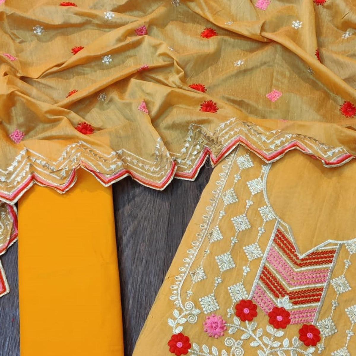 Marvellous Orange Colored Casual Wear Embroidered Chanderi Dress Material