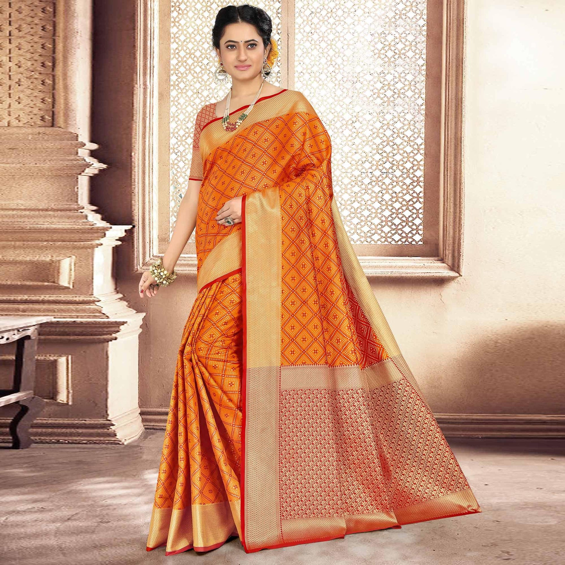 Marvellous Orange Colored Festive Wear Woven Banarasi Silk Saree