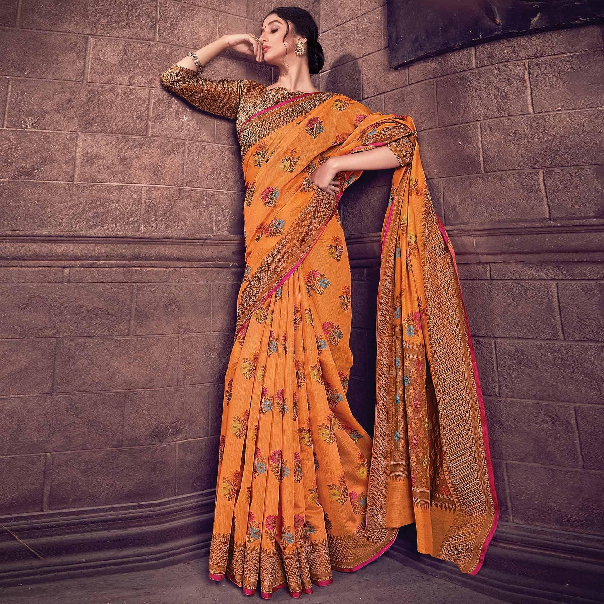Marvellous Orange Colored Festive Wear Woven Handloom Silk Saree