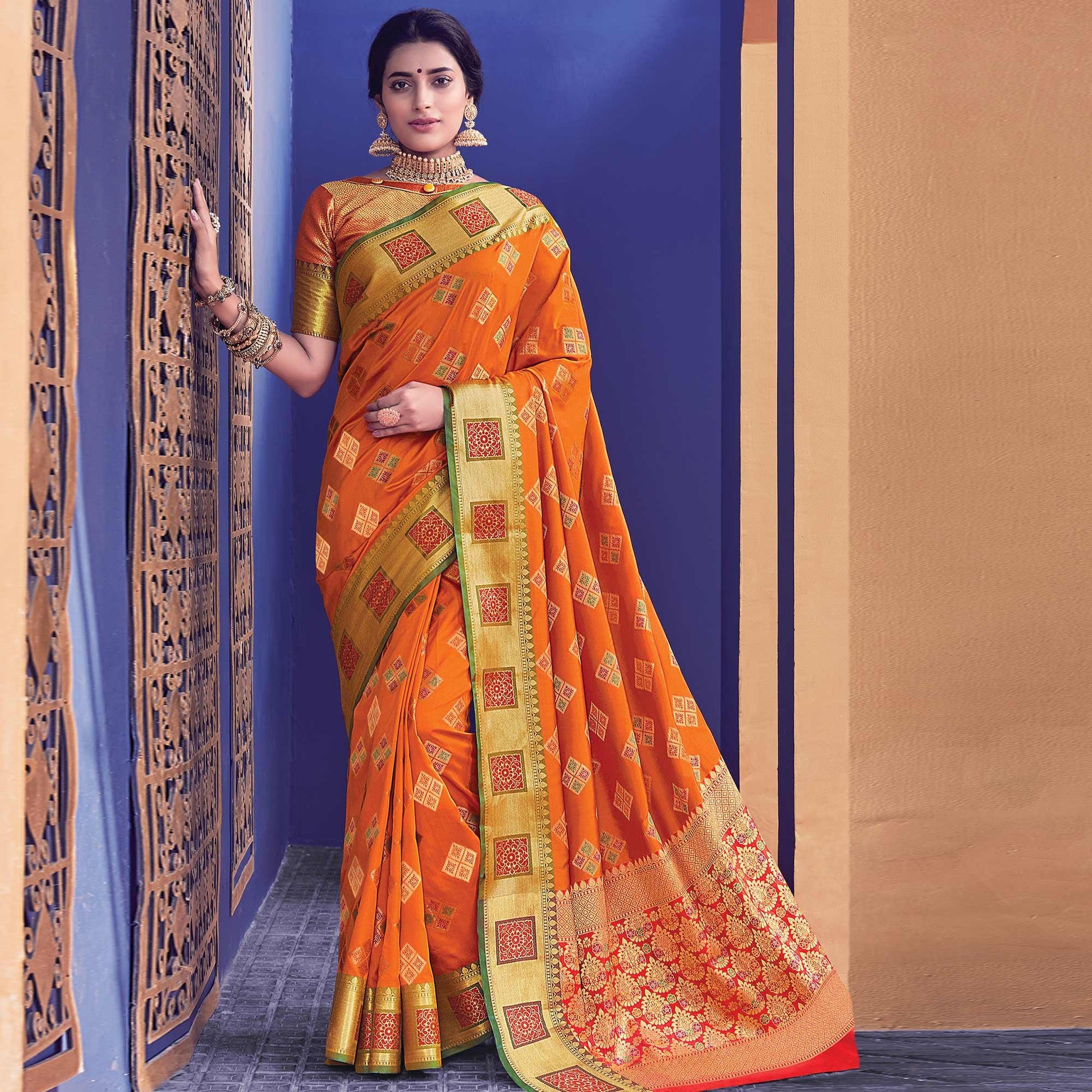 Marvellous Orange Colored Festive Wear Woven Heavy Banarasi Silk Saree