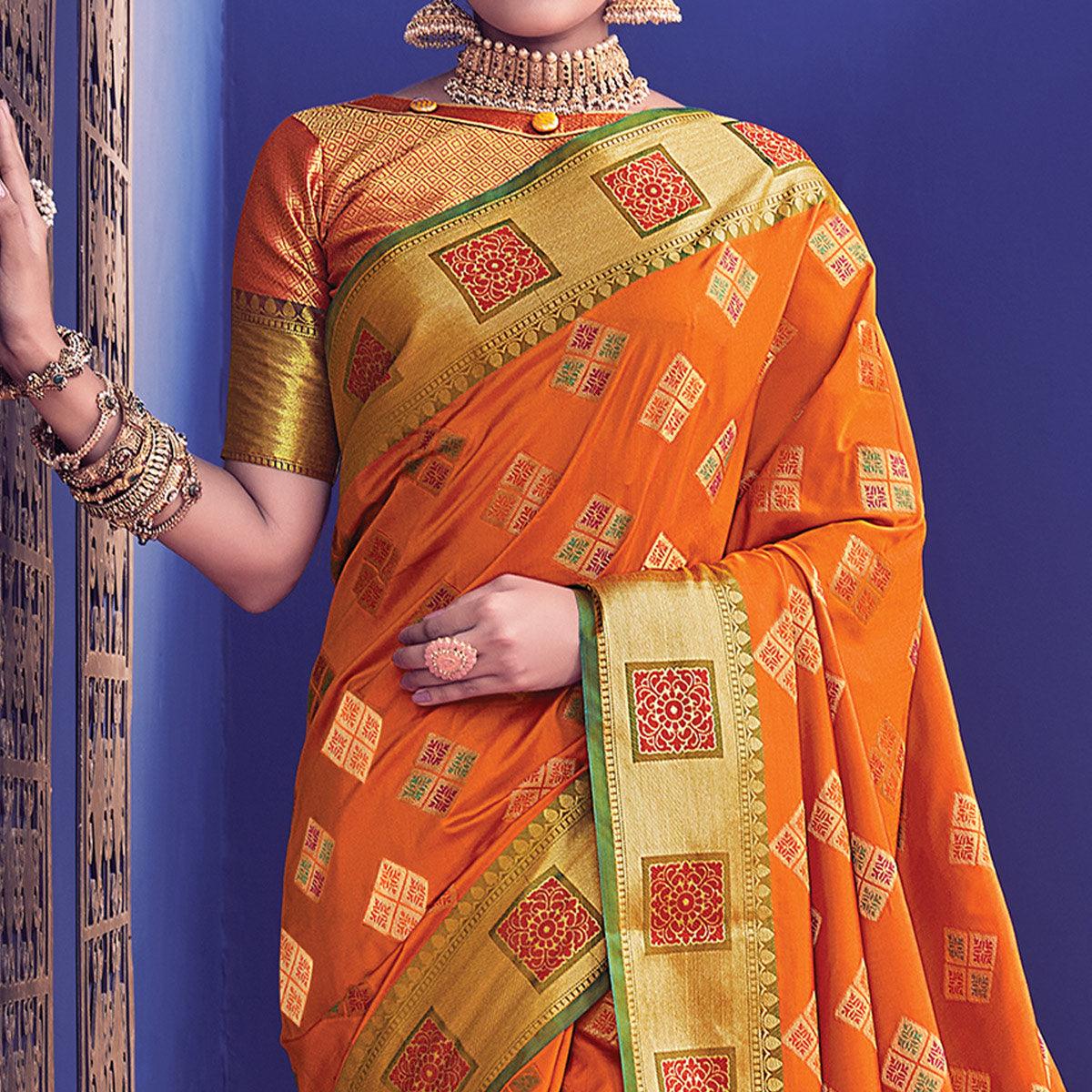 Marvellous Orange Colored Festive Wear Woven Heavy Banarasi Silk Saree