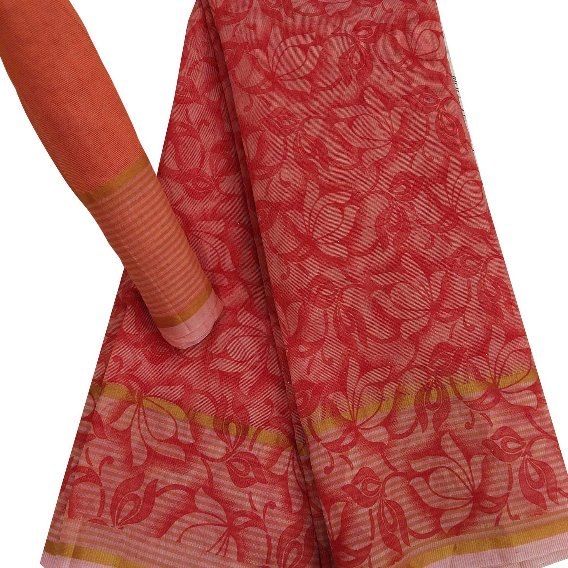 Marvellous Peach Colored Casual Wear Floral Printed Net Saree
