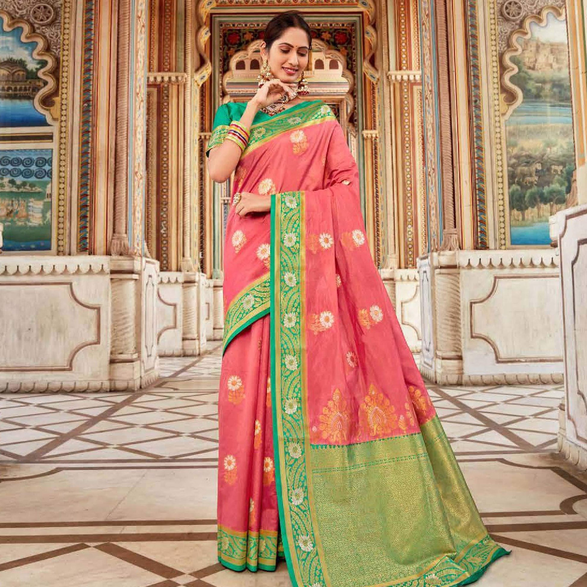 Marvellous Peach Colored Festive Wear Woven Art Silk Saree