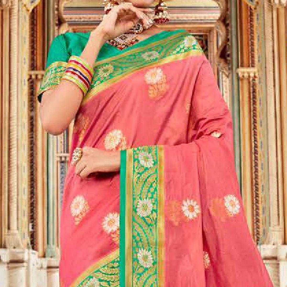 Marvellous Peach Colored Festive Wear Woven Art Silk Saree