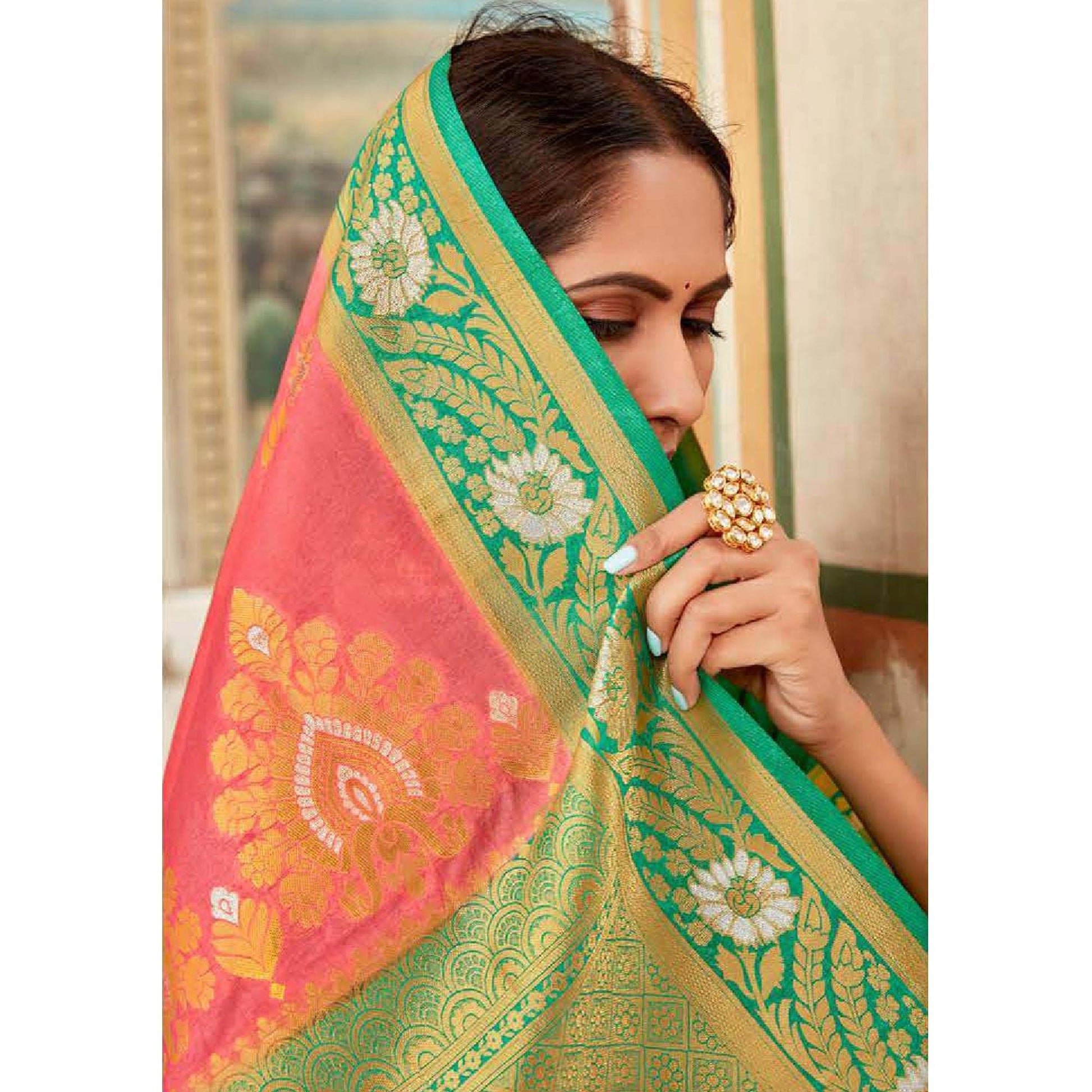 Marvellous Peach Colored Festive Wear Woven Art Silk Saree