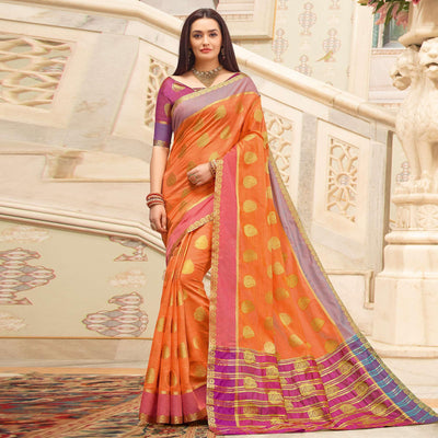 Marvellous Peach Colored Festive Wear Woven Cotton Handloom Saree