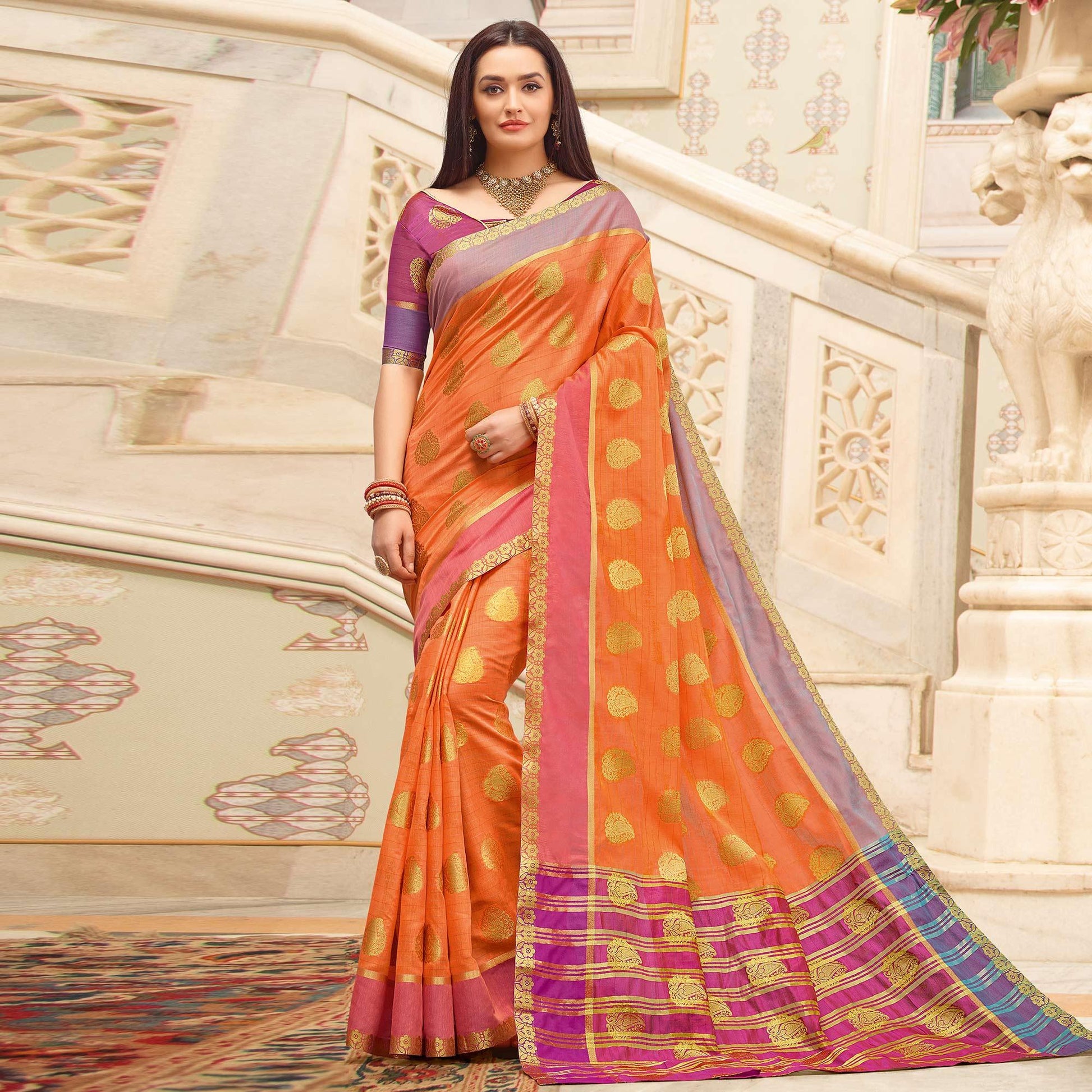 Marvellous Peach Colored Festive Wear Woven Cotton Handloom Saree