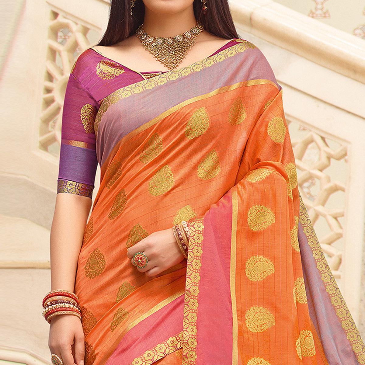 Marvellous Peach Colored Festive Wear Woven Cotton Handloom Saree