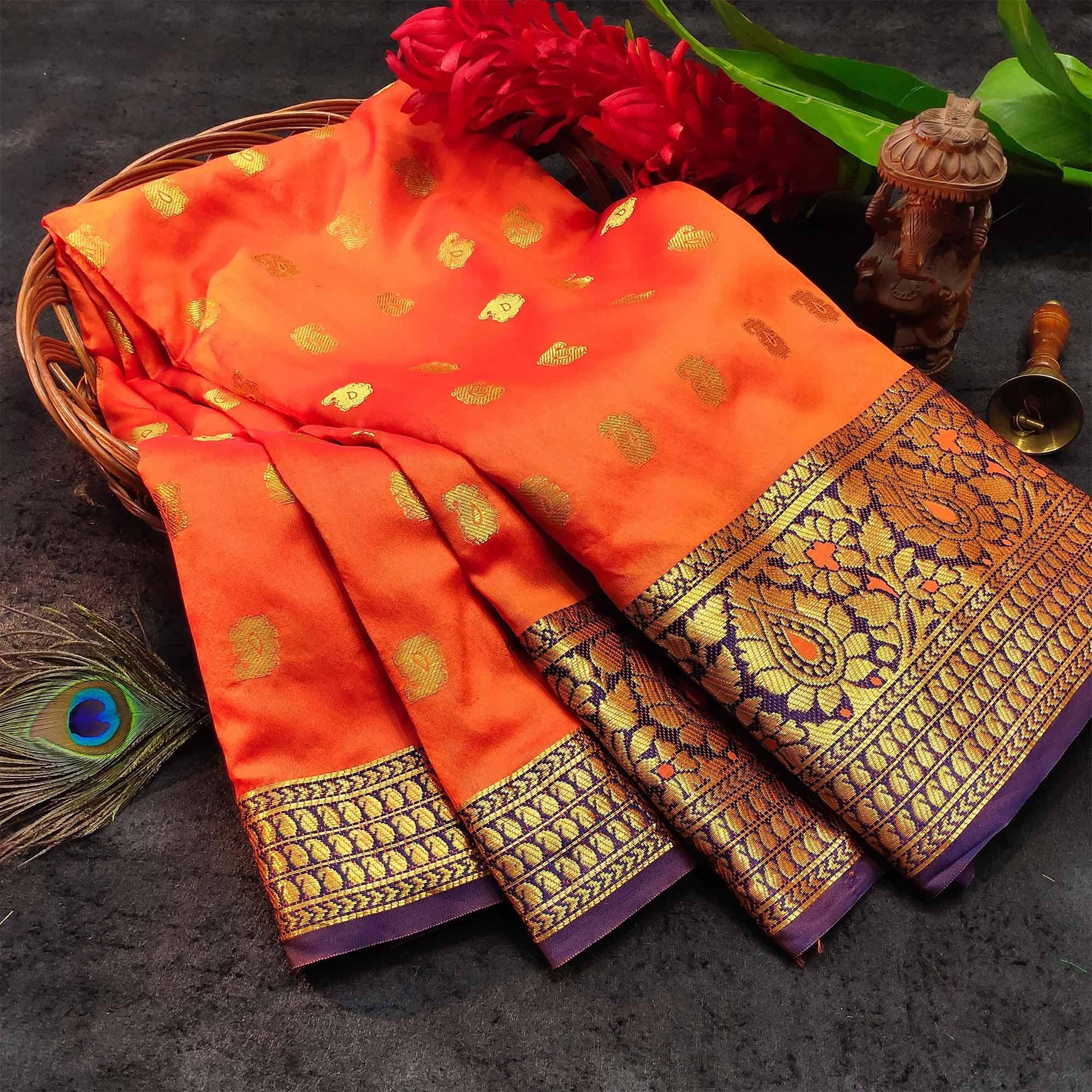 Marvellous Peach Colored Festive Wear Woven Kanjivaram Silk Saree