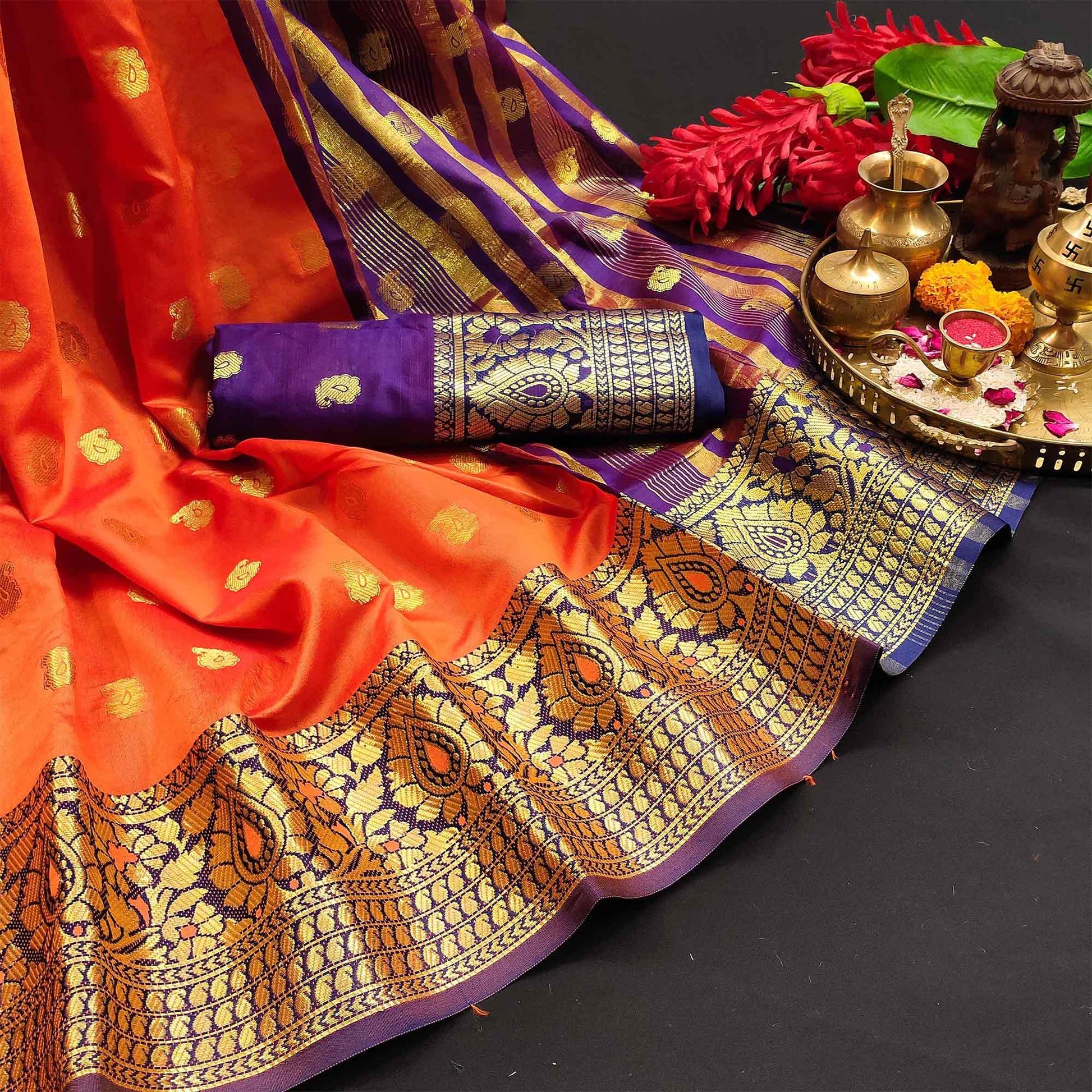Marvellous Peach Colored Festive Wear Woven Kanjivaram Silk Saree