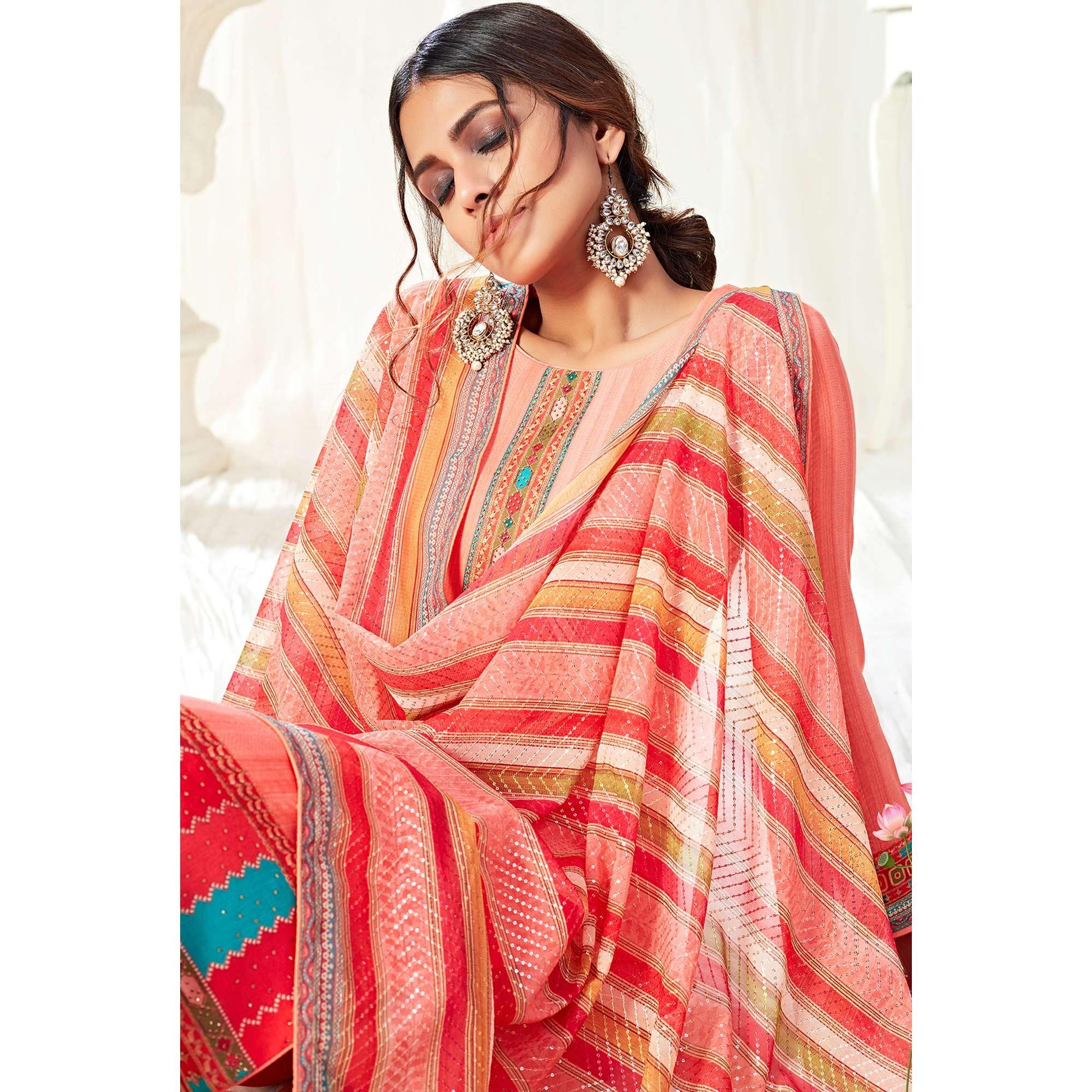 Marvellous Peach Colored Partywear Digital Printed Cotton Suit