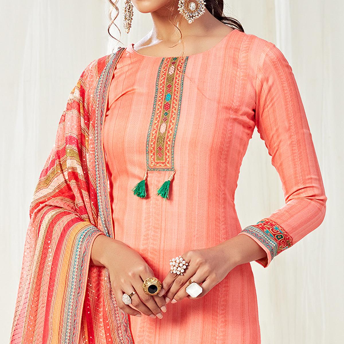 Marvellous Peach Colored Partywear Digital Printed Cotton Suit