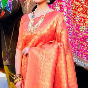 Marvellous Peach Coloured Festive Wear Woven Silk Saree