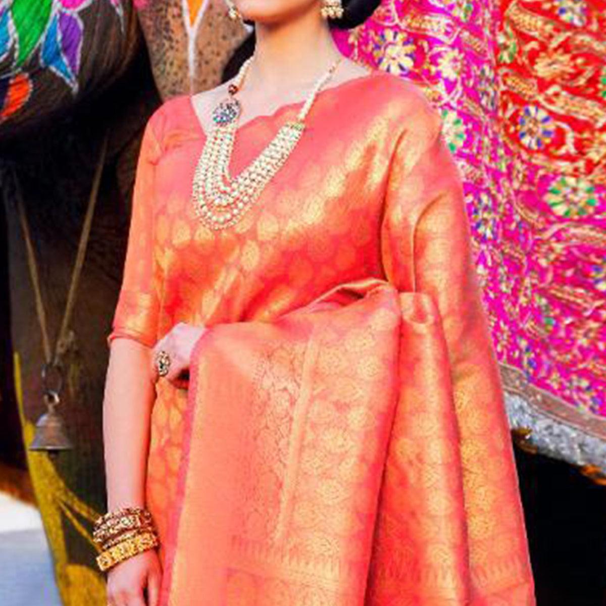 Marvellous Peach Coloured Festive Wear Woven Silk Saree