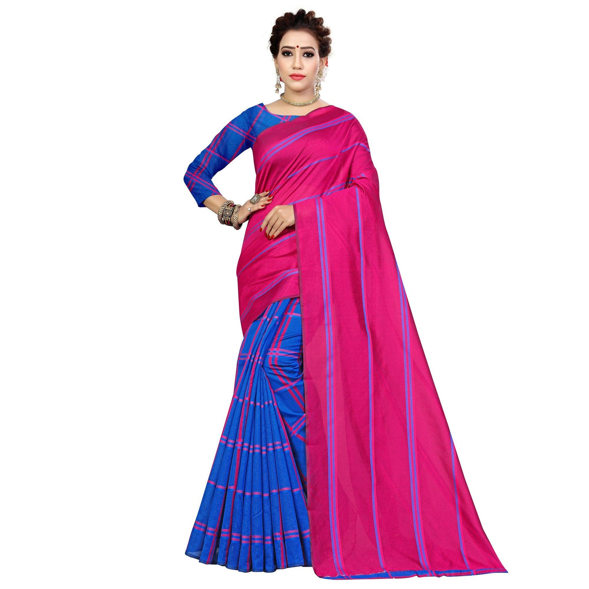 Marvellous Pink-Blue Colored Casual Printed Cotton Silk Saree