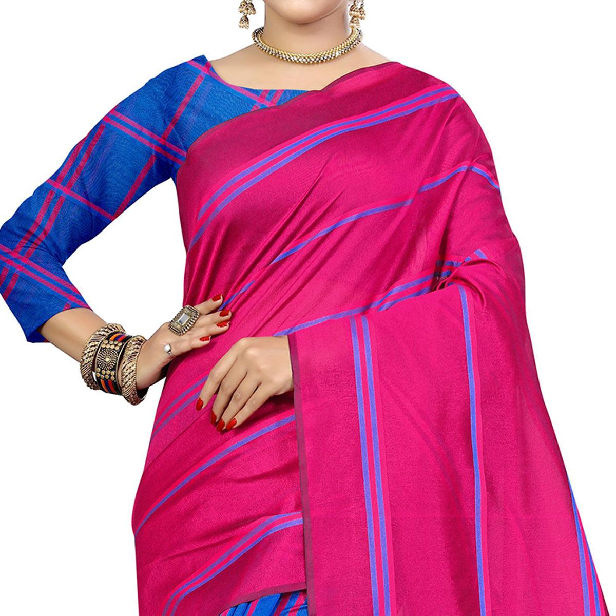 Marvellous Pink-Blue Colored Casual Printed Cotton Silk Saree