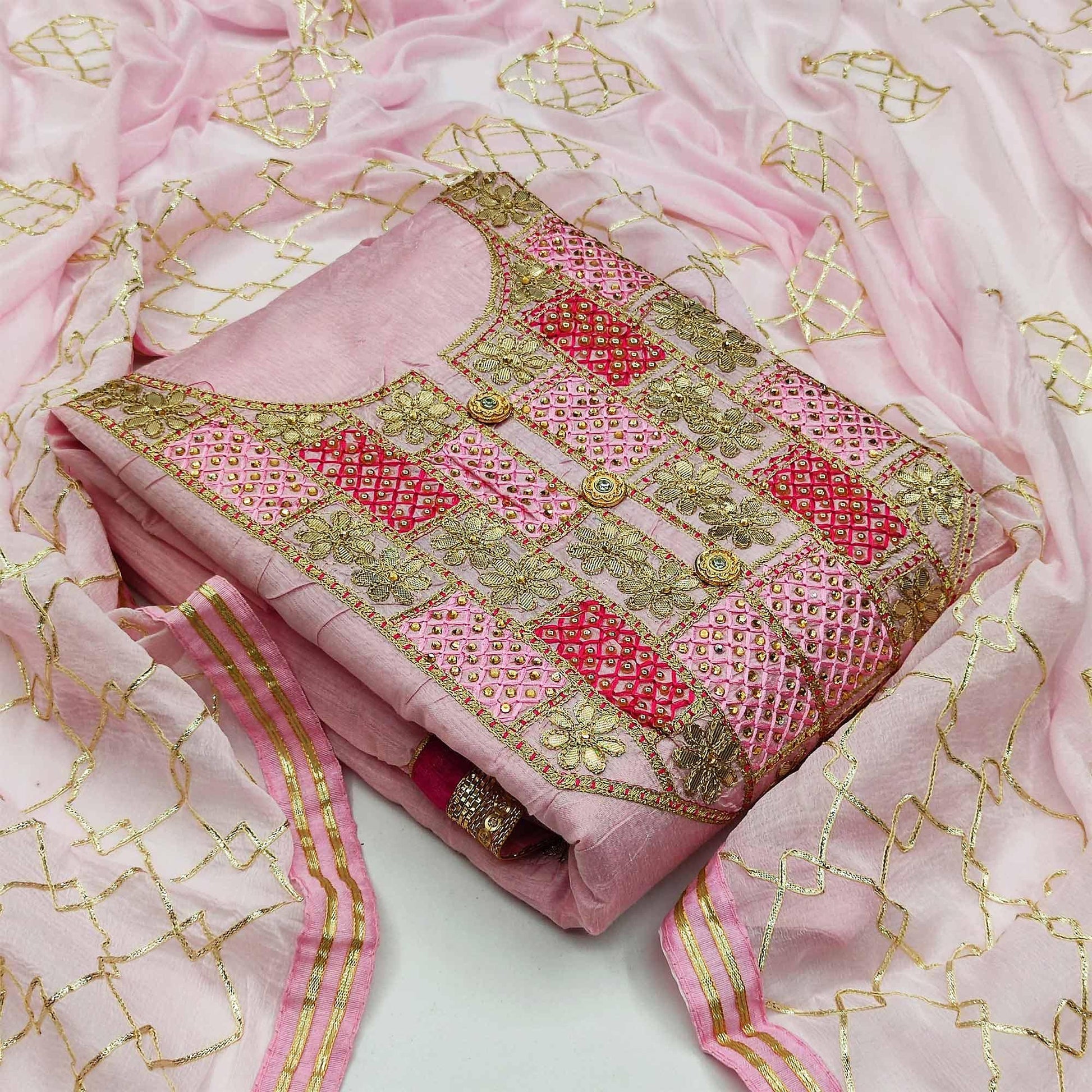 Marvellous Pink Colored Festive Wear Embroidered Heavy Modal Silk Dress Material