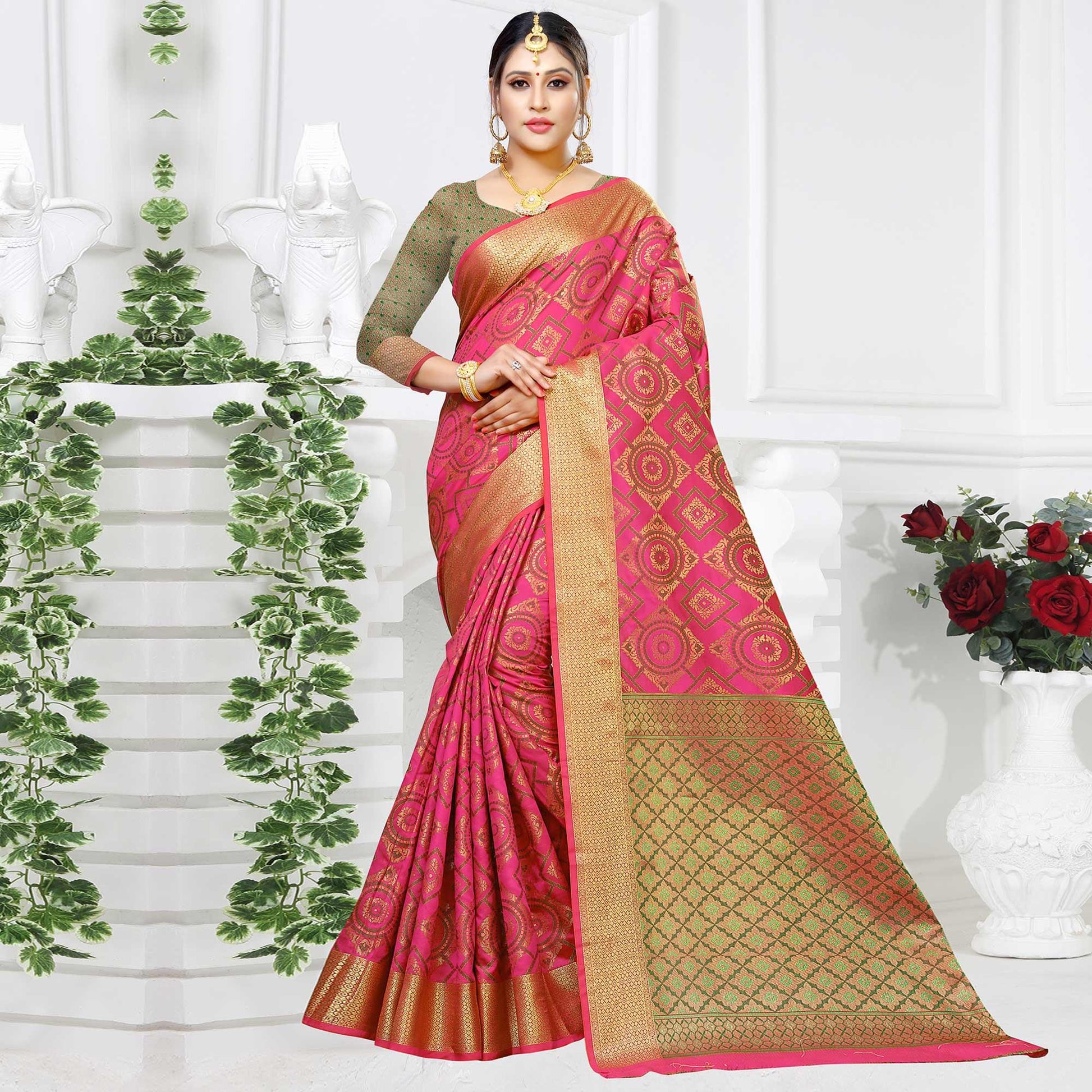 Marvellous Pink Colored Festive Wear Woven Silk Saree