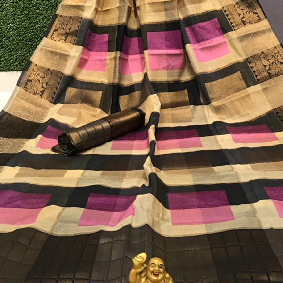 Marvellous Pink - Multi Colored Festive Wear Woven Soft Cotton Saree