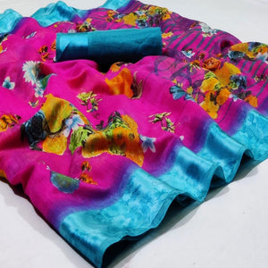 Marvellous Purple Colored Casual Wear Fancy Printed Linen Saree