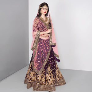 Marvellous Purple Colored Partywear Embroidered Pure Velvet Lehenga Choli