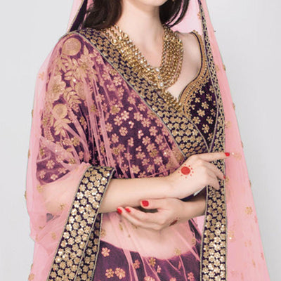 Marvellous Purple Colored Partywear Embroidered Pure Velvet Lehenga Choli