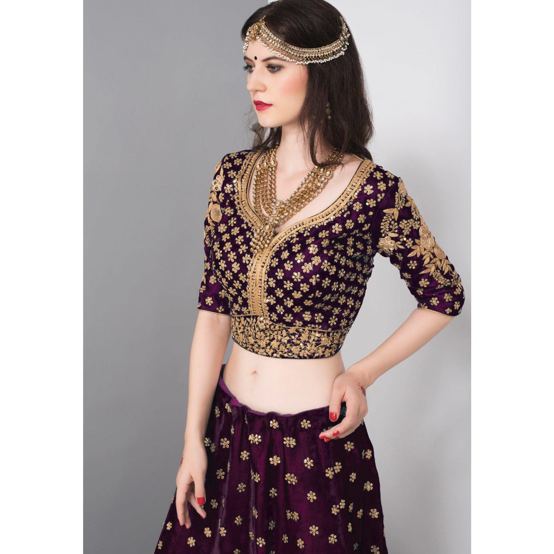 Marvellous Purple Colored Partywear Embroidered Pure Velvet Lehenga Choli
