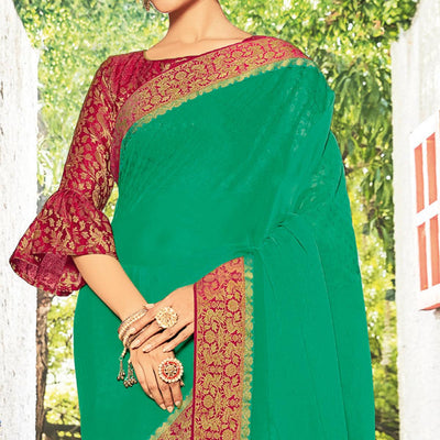 Marvellous Sea Green Coloured Party Wear Embroidered Chiffon Saree