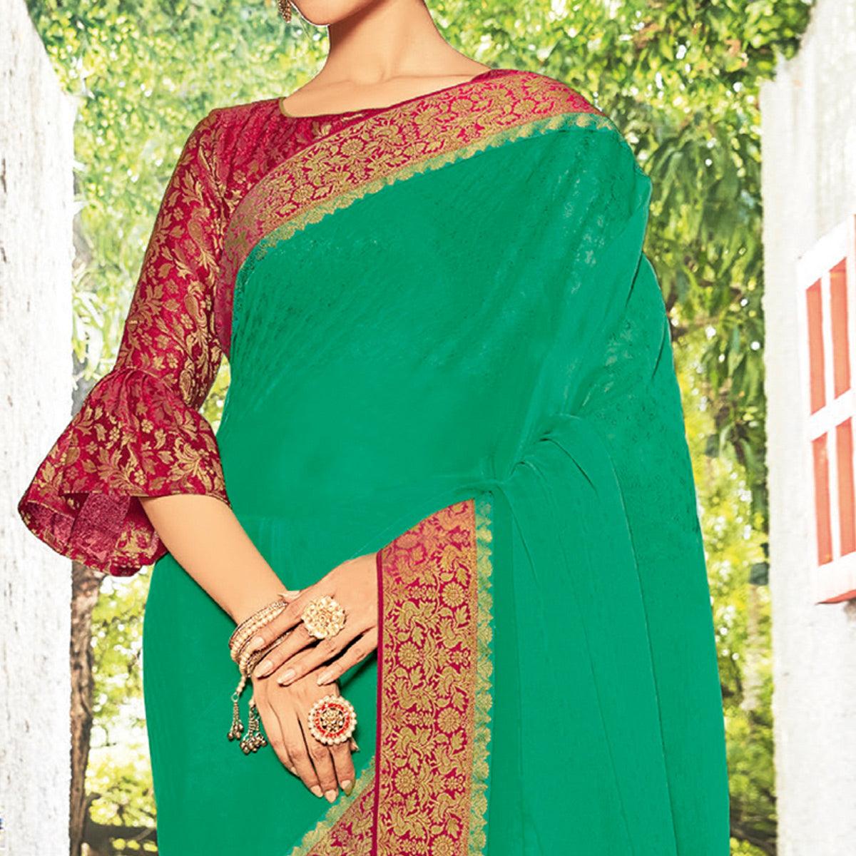 Marvellous Sea Green Coloured Party Wear Embroidered Chiffon Saree