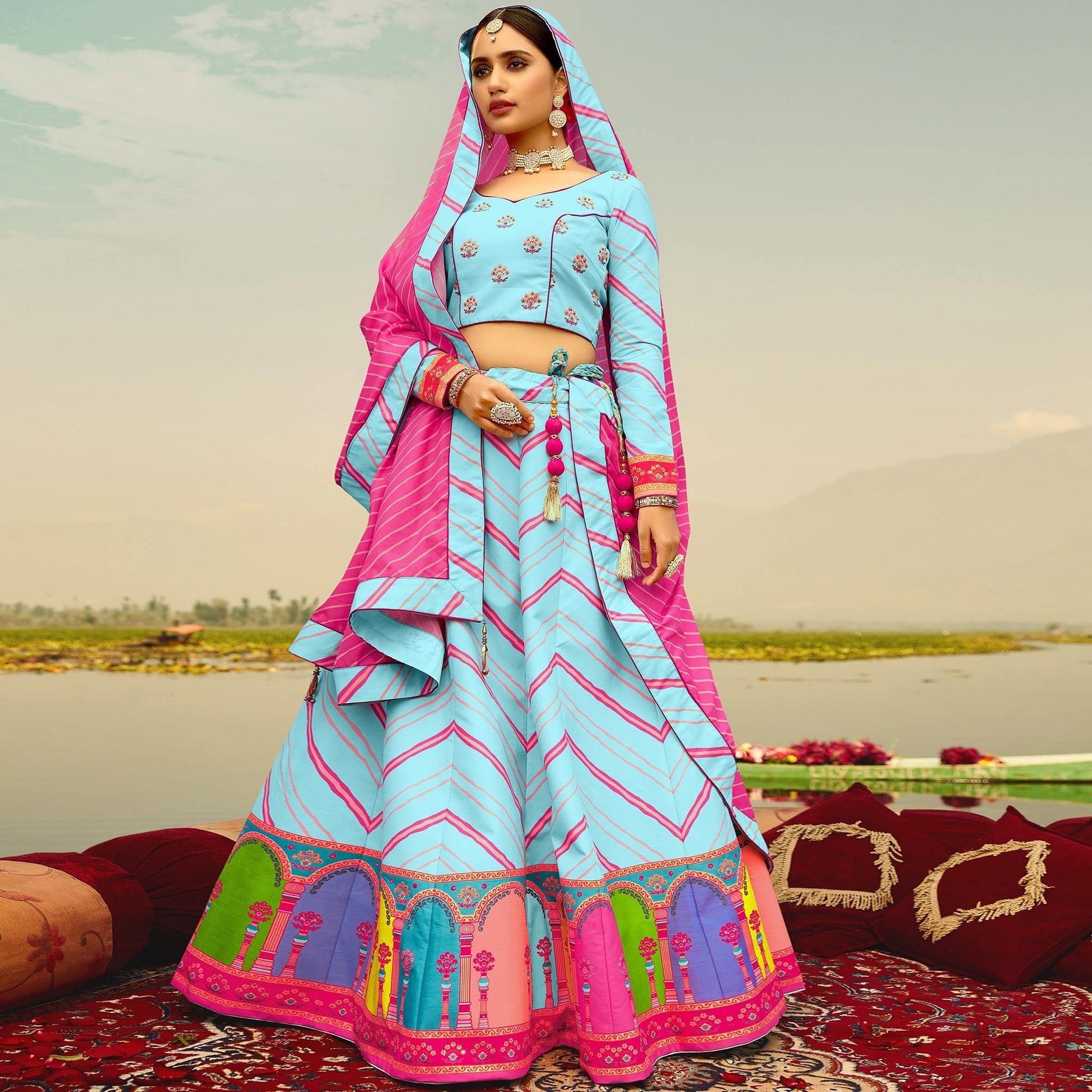 Marvellous Sky Blue Coloured Wedding Wear Designer Stone Work Heavy Silk Lehenga Choli