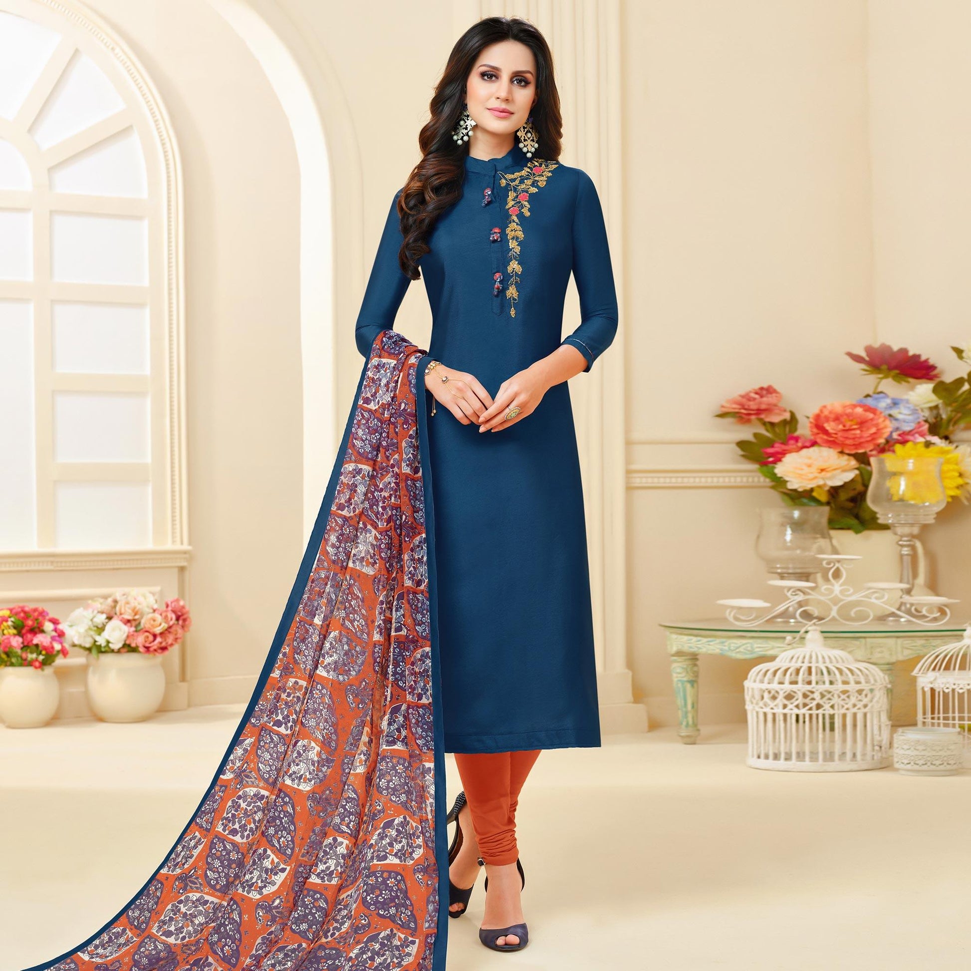 Marvellous Teal Blue Colored Casual Wear Printed Chanderi Dress Material