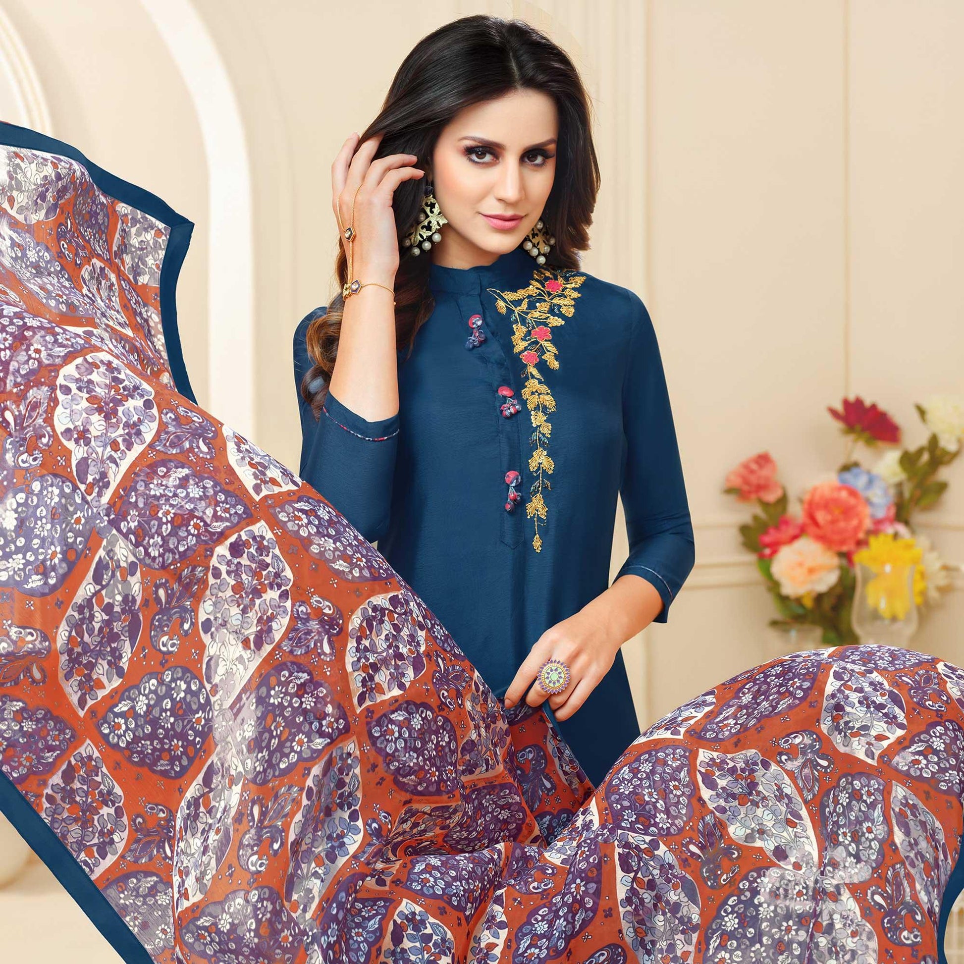 Marvellous Teal Blue Colored Casual Wear Printed Chanderi Dress Material