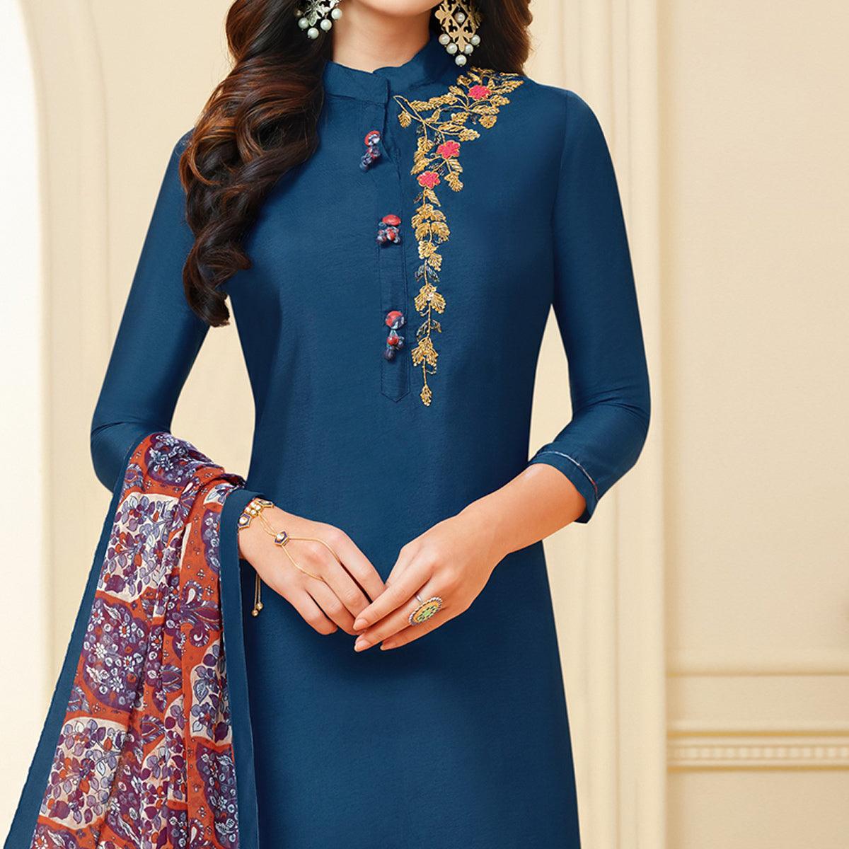 Marvellous Teal Blue Colored Casual Wear Printed Chanderi Dress Material