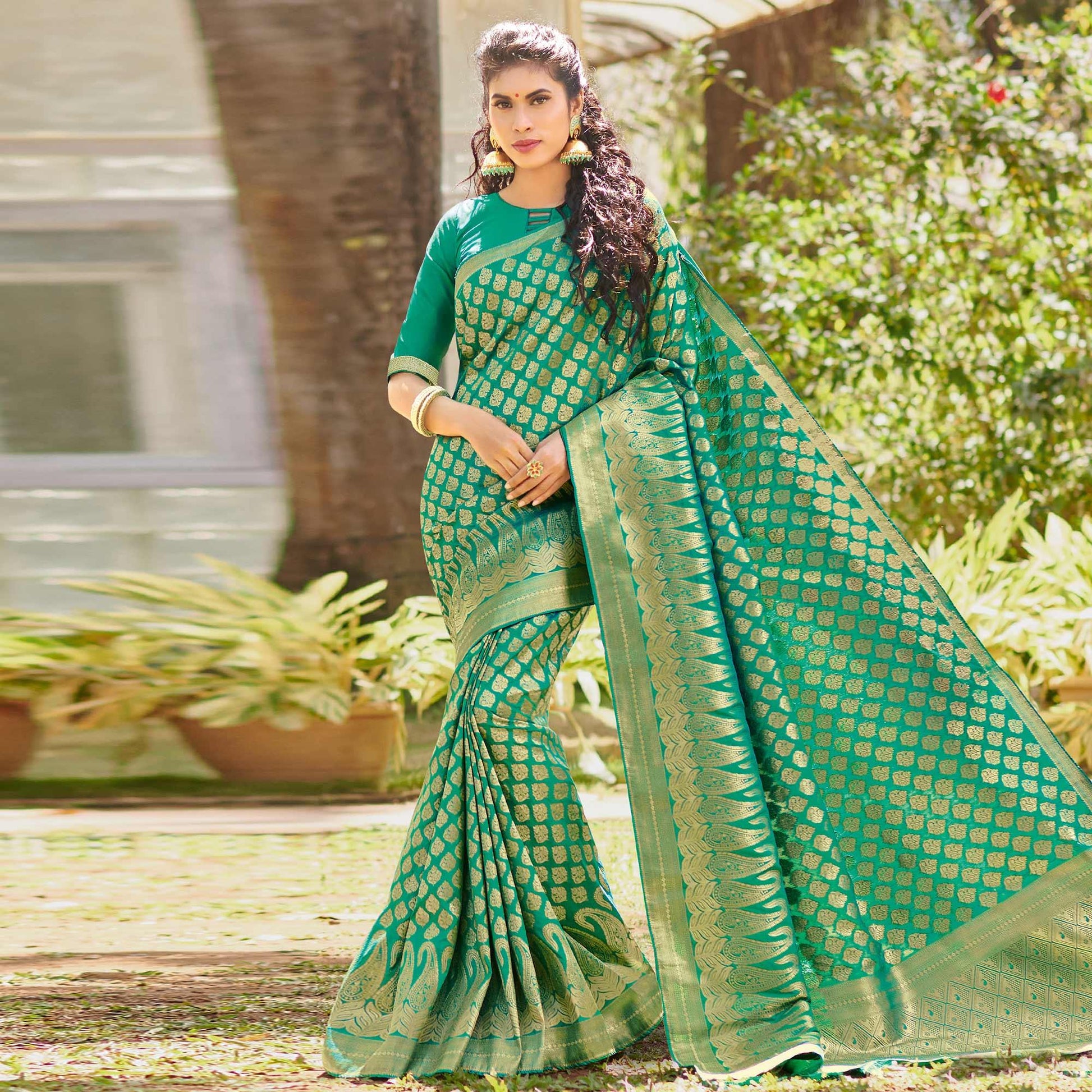 Marvellous Turquoise Green Colored Festive Wear Woven Silk Saree