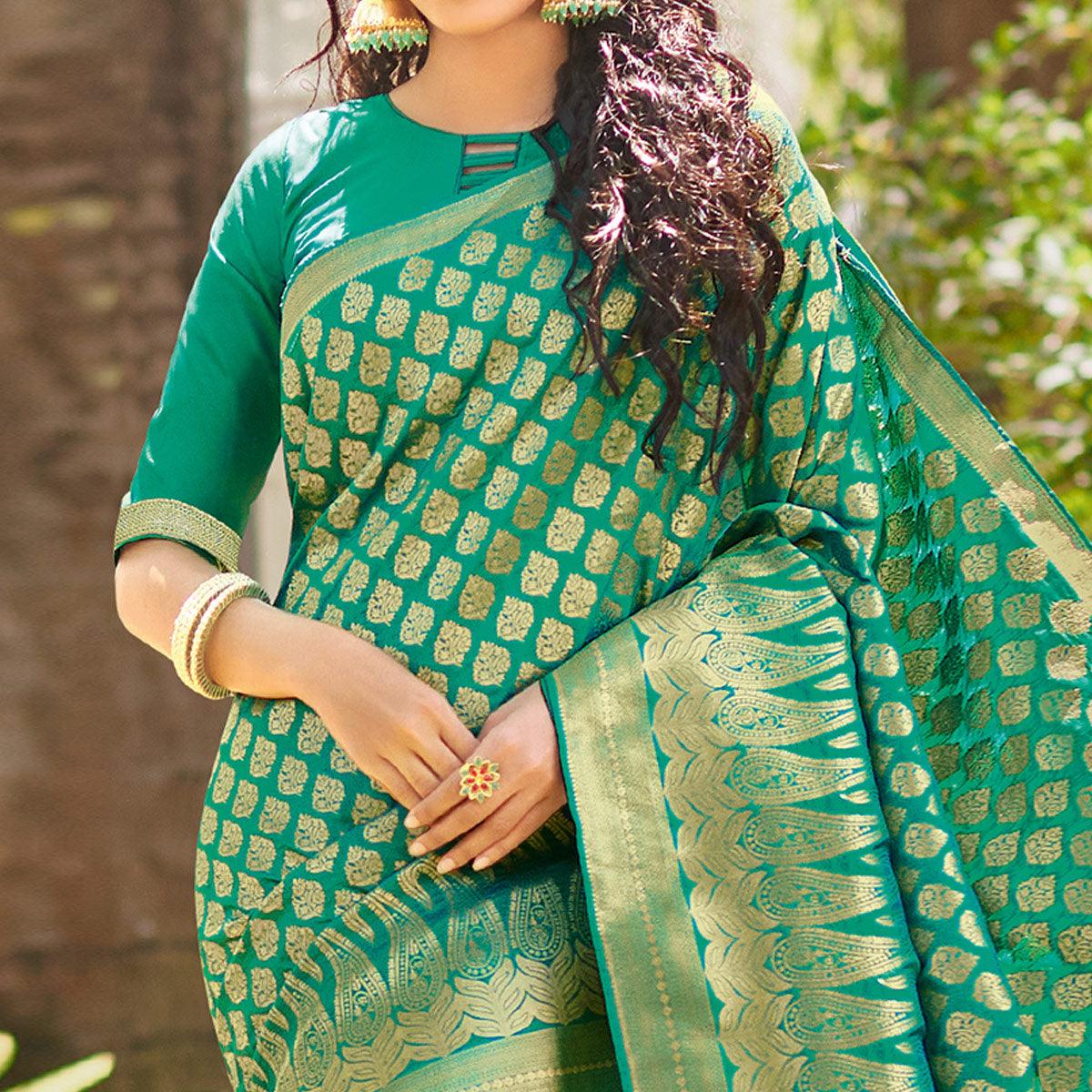 Marvellous Turquoise Green Colored Festive Wear Woven Silk Saree