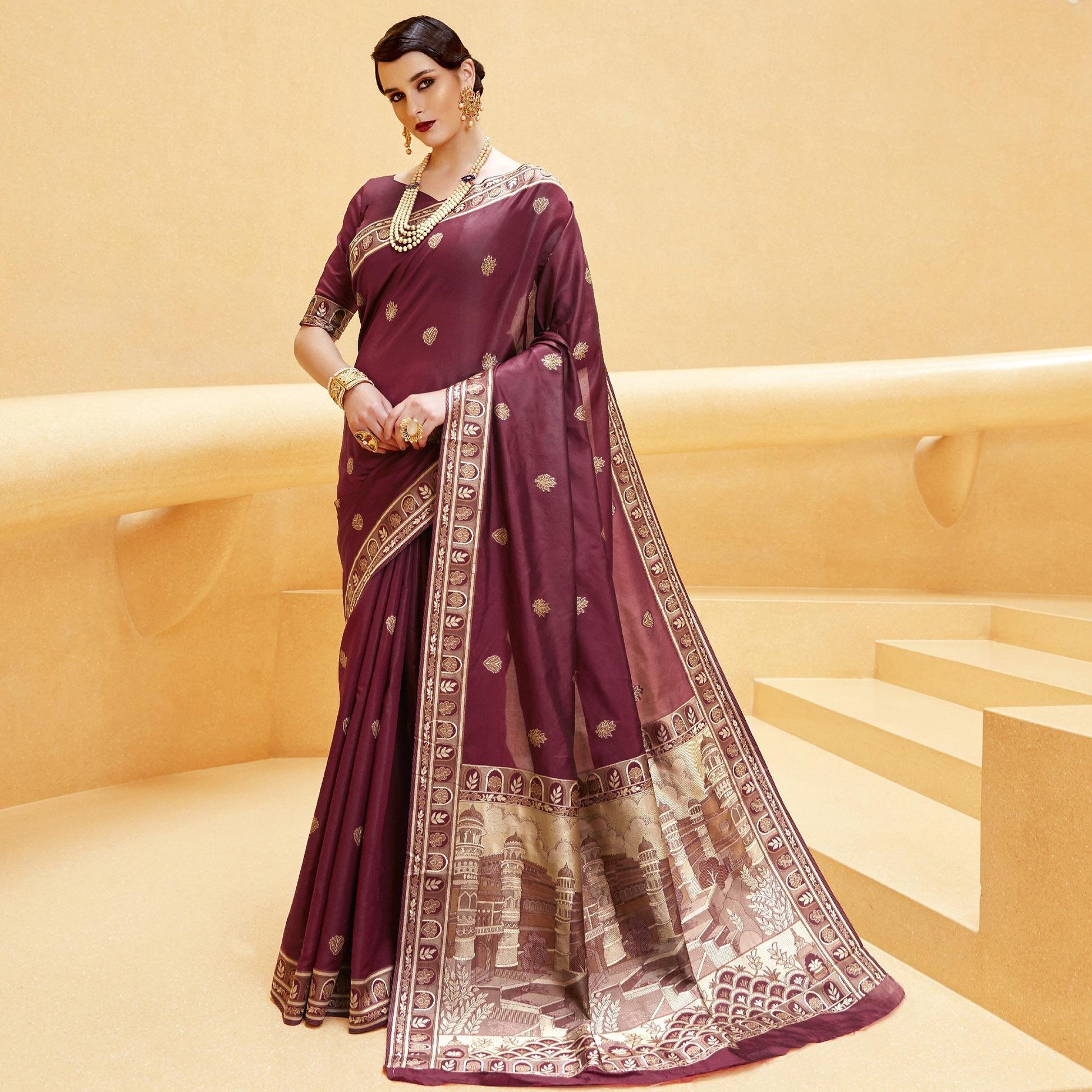 Marvellous Wine Colored Party Wear Printed Silk Saree