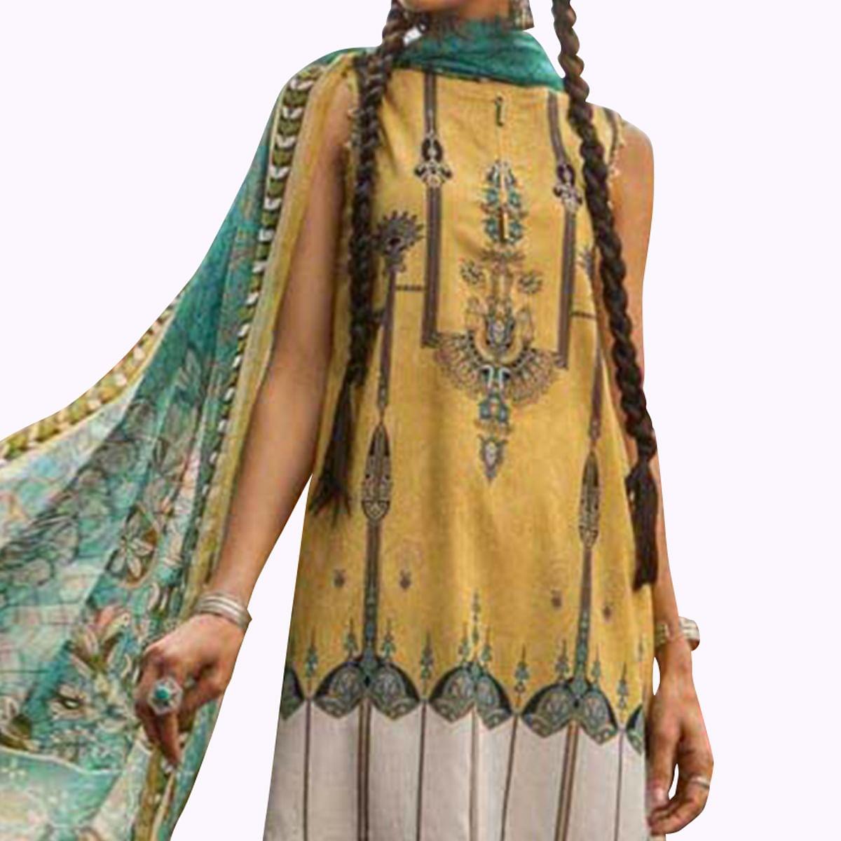 Marvellous Yellow Colored Partywear Embroidered Cotton Suit