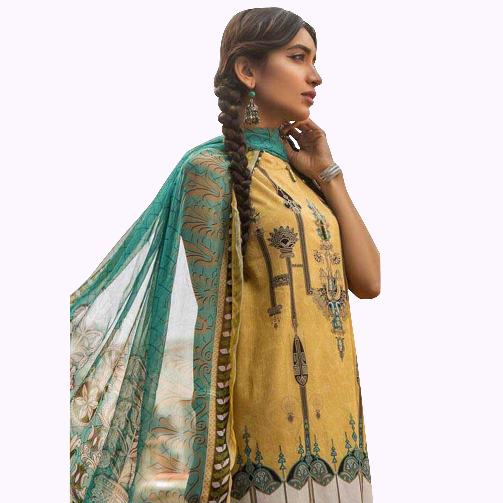 Marvellous Yellow Colored Partywear Embroidered Cotton Suit