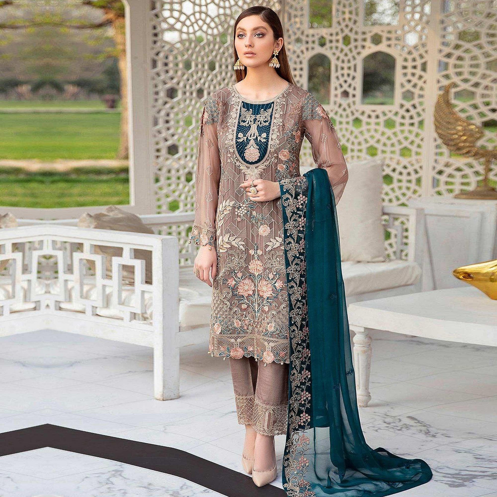 Matalic Festive Wear Floral Embroidered Straight Style Faux Georgette Palazzo Suit