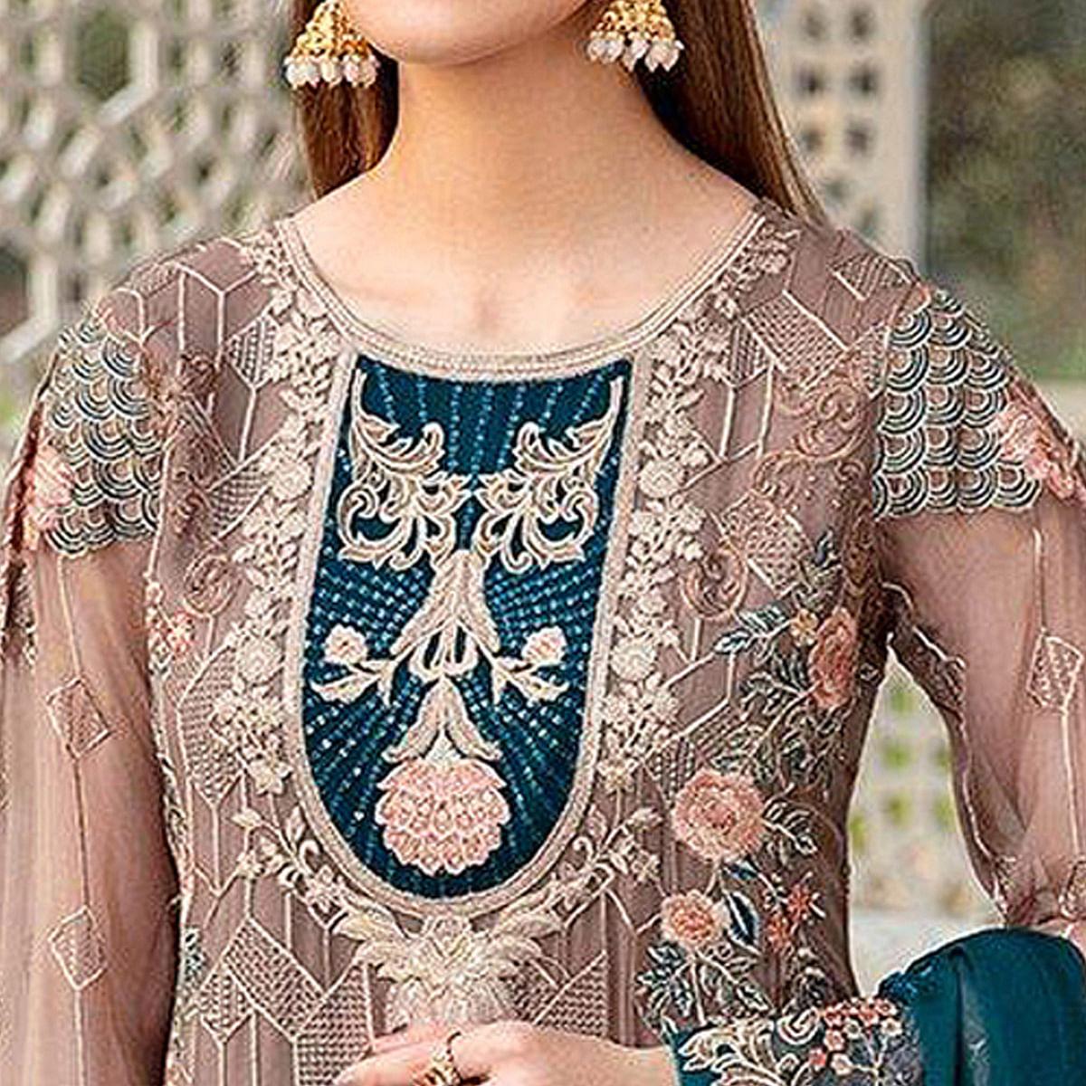 Matalic Festive Wear Floral Embroidered Straight Style Faux Georgette Palazzo Suit