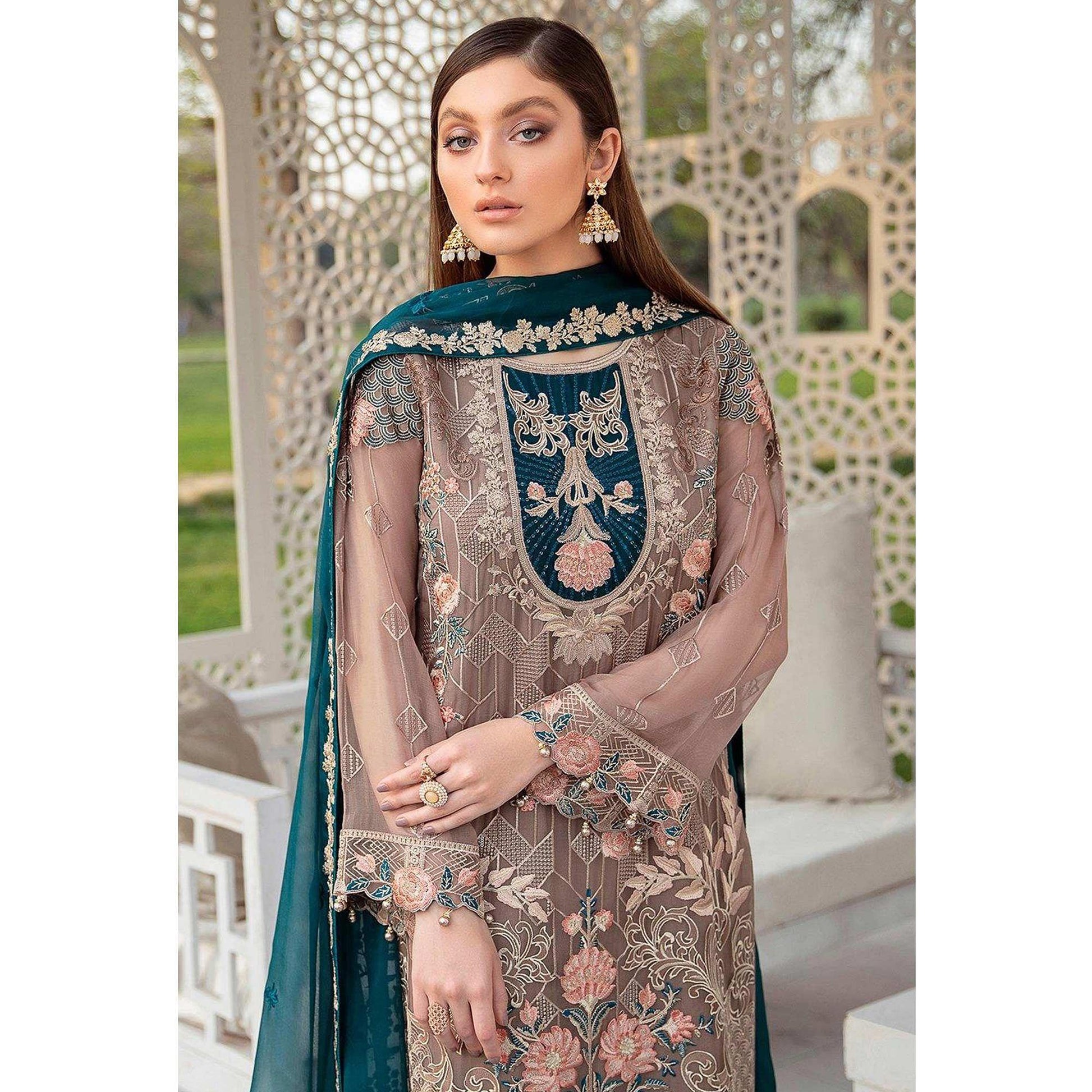 Matalic Festive Wear Floral Embroidered Straight Style Faux Georgette Palazzo Suit