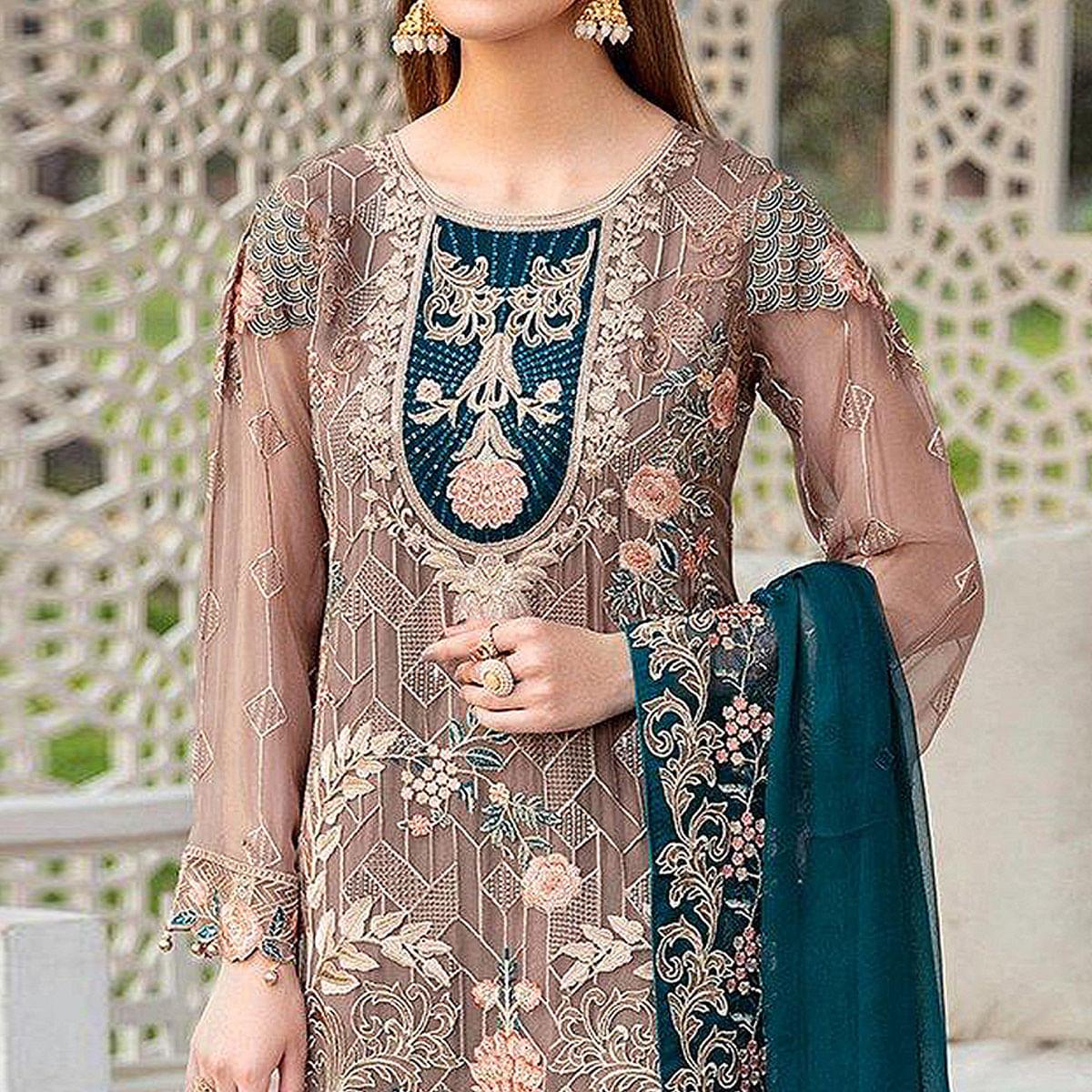 Matalic Festive Wear Floral Embroidered Straight Style Faux Georgette Palazzo Suit