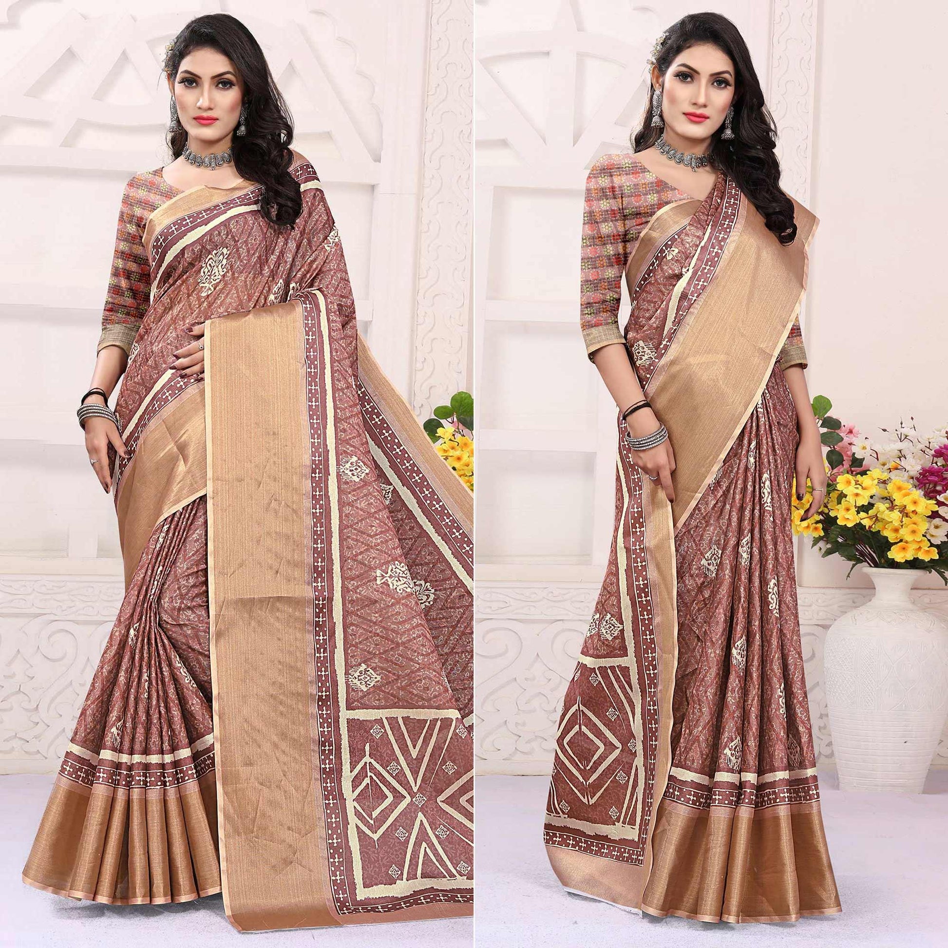 Mauve Casual Wear Digital Printed Cotton Silk Saree