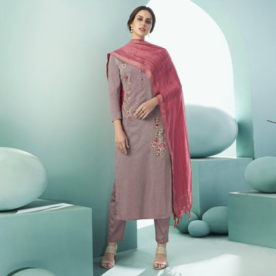 Mauve Casual Wear Embroidered Cotton Suit
