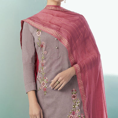Mauve Casual Wear Embroidered Cotton Suit