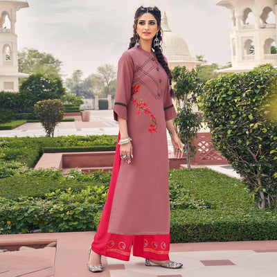 Mauve Casual Wear Embroidered Heavy Rayon Kurti - Palazzo Set