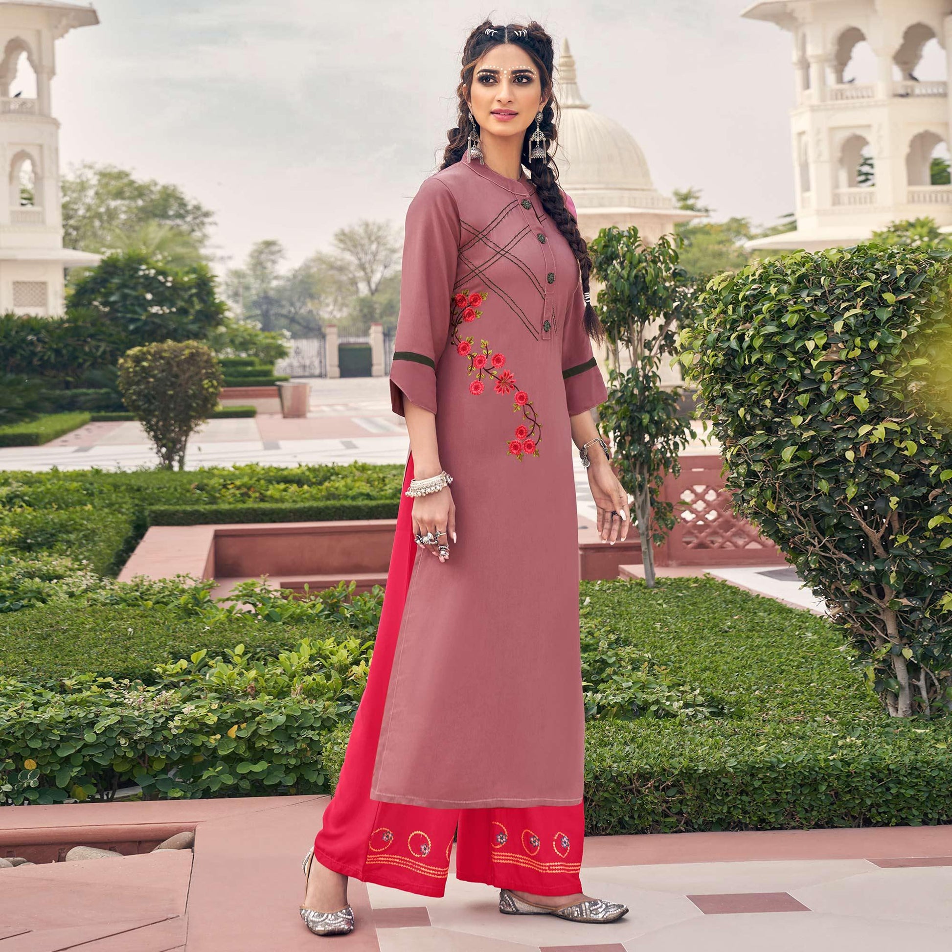 Mauve Casual Wear Embroidered Heavy Rayon Kurti - Palazzo Set